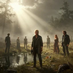 rural wisconsin after alien apocalypse, mist, sunrays, dust in the air, dnd character, unreal engine, octane render, dramatic lighting, pond, digital art, by stanley artgerm lau, greg rutkowski, thomas kindkade, alphonse mucha, loish, norman rockwell,