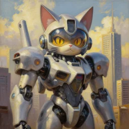an intricate oil painting of a giant anime cat mecha with cat ears and visor by simon stalenhag, tall skyscrapers in background and cloudy sky, golden hour
