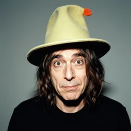 candid portrait photograph of a weird man with funny hat, taken by annie leibovitz