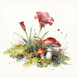 jean - baptiste monge water color on white paper watercolor sketch of flowers moss and mushrooms hard edges, pencil lines, drips, runs, spatter, details. red chrome. jean - baptiste monge!!!!!