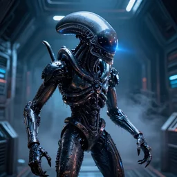 2 8 mm closeup portrait of a wet slimy dripping black metallic chrome mass effect robot lovecraft xenomorph alien with glowing eyes in science fiction spaceship hallway, dramatic lighting, octane, blue lights, lens flare, industrial, dirty, trending on artstation, golden ratio, h. r. giger, mist, action, volumetric lighting