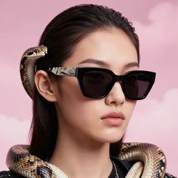 3 d close - up, portrait fashion model in sunglasses, snakes, pink cloudy background, hyper detailed, photo realistic, vouge style photo, artwork by tooth wu and wlop and beeple and greg rutkowski