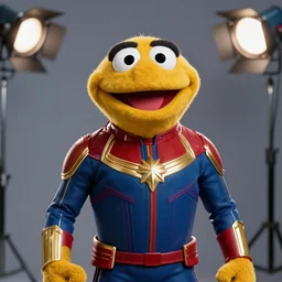 studio portrait still of muppet!!!!! captain marvel in avengers endgame!!!!!! as a muppet muppet as a muppet, 8 k, studio lighting, key light,