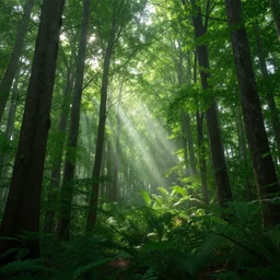 A lush green forest in the morning; rays of light coming through the canopy; trending on artstation; extraordinary masterpiece!!!!!!
