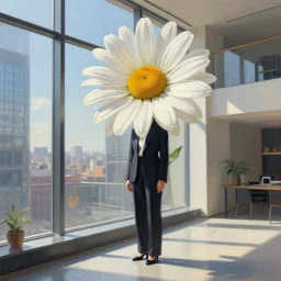 giant daisy flower under head, woman in suit, standing next to modern window in luxury loft, surreal photography, sunlight, impressionist painting, digital painting, artstation, simon stalenhag