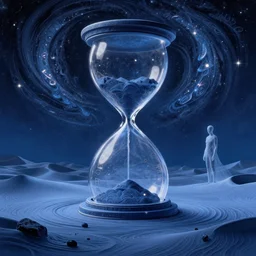 intricate blue astral desert landscape, starry sky swirls, giant ethereal hourglass, ghostly humanoid figure, matte painting, concept art, 8K