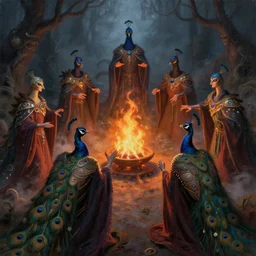 masterful fantastic realist painting of the enchanted magick summoning rituals of unusual moody bejeweled peacocks wearing cloaks, weird perspective, ritual fire, digital painting trending on artstation, volumetric lighting and mist, hyperrealistic, octane render