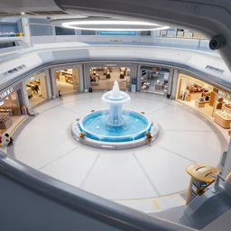 over the shoulder view of a open plaza area on a spaceship with a water feature in the middle and stores around the outside, from a space themed lucasarts point and click 2 d graphic adventure game, art inspired by thomas kinkade