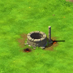 empty grass field with a destroyed small stone well in the center, burn marks on the ground around the well, at midday, from a point and click 2 d graphic adventure game, art inspired by thomas kinkade, king's quest, sierra entertainment games