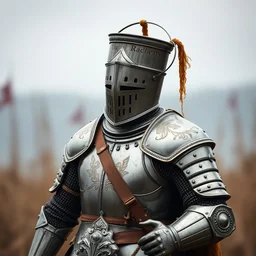 one - armed medieval armored knight with a bucket on his head instead of a helmet, highly detailed photography