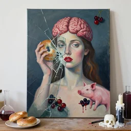 “ sensual, a portrait in a female art student ’ s apartment, broken glass, bagels, brain, woman half inside a painting, berries, pig, skull, scientific glassware, art materials, candle dripping white wax, berry juice drips, neo - expressionism, surrealism, acrylic and spray paint and oilstick on canvas ”