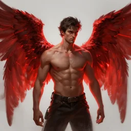 a man with red glowing wings, highly detailed, digital painting, trending on artstation, concept art, sharp focus, illustration, art by artgerm and greg rutkowski and magali villeneuve