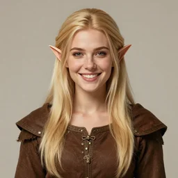 portrait, 3 0 years old women : : fantasy : : long straight blonde hair, beeing happy, smiling, pointy ears, short neck : : attractive, symmetric face : : brown medieval cloting, natural materials : : high detail, digital art, rpg, concept art, illustration