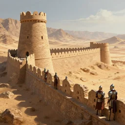 highly detailed 4K fantasy matte painting of an ancient roman stronghold fort in the mountain desert dry several armored guard standing on the walls looking out at the sahara digital art by Greg Rutkowski and Thomas Kinkade, trending on Artstation