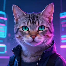 portrait of a beautiful cyberpunk cat, background with neon, digital art, highly-detailed, artstation, cgsociety