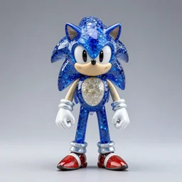 a very beautiful statue made of sparkling blue glass with crystals, of sonic the hedgehog wearing alexander mcqueen, transhumanism, full body shot, perfect symmetrical body, perfect symmetrical face, hyper realistic, hyper detailed, by johannen voss, by peter kemp, by monia merlo, by michelangelo, by ernst haeckel, by alex grey, octane render, blender, 8 k