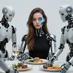 portrait of mirta legrand with cibernetic eye sitting at the table having lunch with cyborgs. 4 k octane render