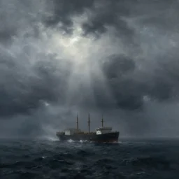 a lonely ship drifting amongst the thunder clouds , fog and heavy storm concept art in style of Ivan Aivazovsky