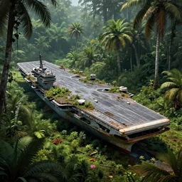 aircraft carrier, USS Nimitz, rusty, overgrown with vegetation laying on the ground of a tropical forest, post appocalyptic, by Luis Royo, by Greg Rutkowski, dark, gritty, intricate, cover illustration, concept art, volumetric lighting, volumetric atmosphere, sharp focus, octane render, trending on artstation, 8k