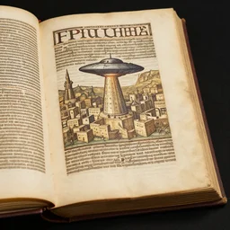 ufo attacking an ancient city, photo of a 1 5 th century codex book, 8 k,