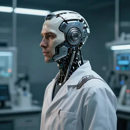 a laboratory operator man with cybernetic enhancements, scifi character bust portrait by greg rutkowski, craig mullins, daytoner, cinematic lighting, dystopian scifi gear, profile picture, highly mechanical, cyborg, half robot