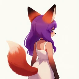 a red fox girl with fox ears and purple hair wearing a simple sundress, this fox girl has two pointed black ears, illustration of furry art, furry fandom, 2 d art, viewed from behind