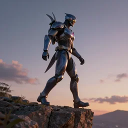 Guyver walking over a cliff, trending in Artstation, intricate detail, dusk setting, dynamic lighting, photo realistic, 4k, hdr render, octane