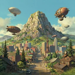 Downtown Battle Mountain with steampunk airships in a studio ghibli aesthetic, Mountain by Craig Mullins and Adam Paquette, Rendered in Octane, cinematic, Highly Detailed