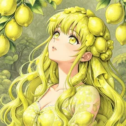 the portrait of an absurdly beautiful, graceful, elegant, sophisticated, teen anime girl made up of lemons looking up, an ultrafine hyperdetailed illustration by kim jung gi, irakli nadar, intricate linework, bright colors, octopath traveler, final fantasy, unreal engine 5 highly rendered, global illumination, radiant light, detailed and intricate environment