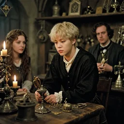 cinematic still of jimin in a medieval magic shop, 3 5 mm by vivian maier and helmut newton, beautiful still.