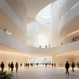 the inside of a building by arthur haas and bruce pennington and john schoenherr, architecture by zaha hadid, octane render, warm colour scheme, white, cinematic, scenery, high detail, high quality, close up angle, people walking