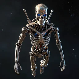 hyperrealistic mixed media of a humanoid terminator floating in space, stunning 3d render inspired art by P. Craig Russell and Barry Windsor-Smith + perfect facial symmetry + dim volumetric lighting, 8k octane beautifully detailed render, post-processing, extremely hyperdetailed, intricate futuristic mechanic parts, epic composition, grim yet sparkling atmosphere, cinematic lighting + masterpiece, trending on artstation