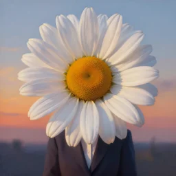 huge daisy flower head, frontal, a girl in a suit, surreal photography, sunrise, dramatic light, impressionist painting, digital painting, artstation, simon stalenhag