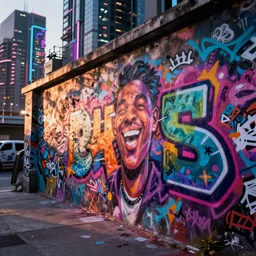 beautiful graffiti on a wall in a cyberpunk city, happy mood, futuristic, neon, high detail, sunset, realistic