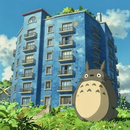 a huge blue tiled apartment building of howl's moving castle ghibli, hyperrealistic, art by vincent di fate nausicaa, ghibli, breath of the wild, epic composition, green plants