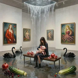 painting of a flooded modern art gallery and a tall emo girl, art gallery interior, paintings dripping, waterfall, bench seat, sensual, organic, pomegranates, holding a pig, octopus, zen, black swans, courgettes, berries, 1 6 mm lens, surrealist, by magritte and monet
