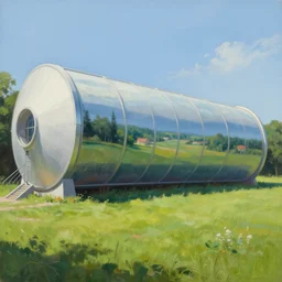 painting of a view from the lawn of a house in an o'neill cylinder, a kind of enormous cylindrical space station with landscape inside the cylinder. this view looks'up'at the other side of the cylinder. sci - fi concept, hard sci - fi. trending on artstation