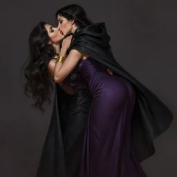 Fantasy portrait, Necromancer, female, gorgeous, beautiful face, dark garments, dark pruple robes, gold bracelet, Black cloak from neck to ankles, kiss, pin-up, shapely toned derriere, matte painting, by WLOP, Frank Franzzeta and Sakimichan, artstation