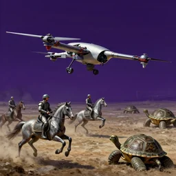 neoteric depiction of a battlefield with horses riding drones and militarized turtles, weapon design by zaha hadid, y 2 k aesthetic, dark purple background, chesley bonestell, 4 k