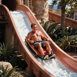 shirtless rudy giuliani sliding down a waterslide in disney world