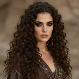 ethereal beautiful woman with long curly hair in romany gypsy outfit, high detail, detailed dark eyeshadow, brown dark aesthetic, fantasy