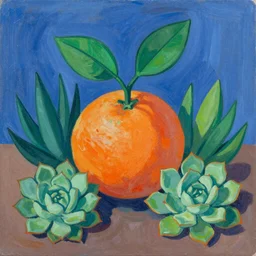 an orange, surrounded by succulents, painted in the style of Matisse