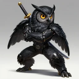 Tekken 4 fighter anime Stunning Portrait Robot Owl with feathers all over its body, short black feathers with a samurai sword on its back, in a fighting stance, digital painting, artstation, concept art, soft light, hdri, smooth, sharp focus, illustration, art by tian zi, craig mullins, Mark Arian, WLOP, alphonse mucha