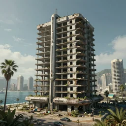 a beautiful photorealistic rendering of abandoned unfinished building urbex empire by ted nasmith, dieselpunk futuristic san andreas sea bioshock, archdaily, wallpaper, highly detailed, trending on artstation.