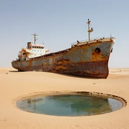 an abandoned rusty cargo ship in the desert, in the foreground a small oasis. extremely detailed line art and watercolor by kim jung gi