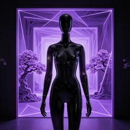 beautiful mannequin sculpted out of black glass by billelis + lit with geometric neon printed lavender + doorway opening to a new dimension with geometric fractal vaporwave light + flowering bonsai trees!!!!, transcendent, clean linework, dramatic, finely detailed, 4 k, trending on artstation, award winning, photorealistic, volumetric lighting, octane render