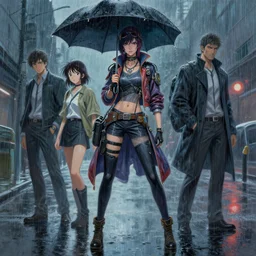 an ultradetailed beautiful painting of a stylish atompunk woman, full body holding an umbrella, rain by conrad roset, greg rutkowski and makoto shinkai trending on artstation