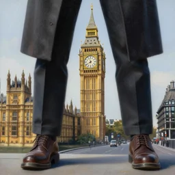 detailed photorealistic painting of a man with the building big ben between his legs