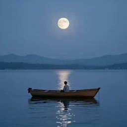 A beautiful small boat alone on a lake at twilight with calm waters, the moon shines from above causing light ripples in the water. A small and calm traveller sits in the boat, at prace with himself and the world. A digital art piece designed by psychologists to calm a troubled mind. Tranquil dreams of tepid water, a photo frozen in time. Trending on art station, an award winning masterpiece