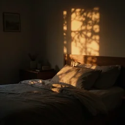 dark dreamy bedroom, soft focus cinematic still, dark dreamy golden sunset dappled light